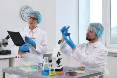 Quality control. Food inspectors checking safety of products in laboratory