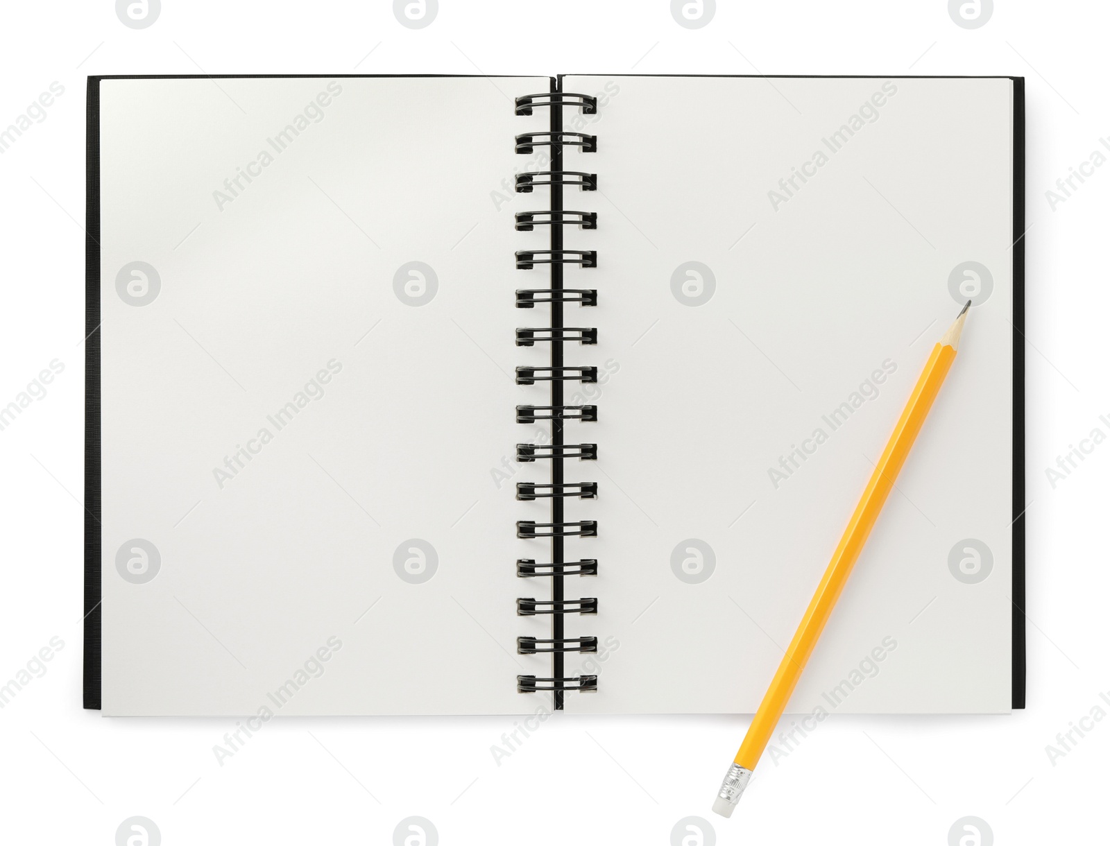 Photo of Open blank notebook with pencil isolated on white, top view