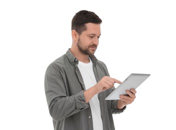 Photo of Handsome man using tablet on white background