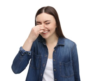 Photo of Portrait of beautiful woman laughing on white background