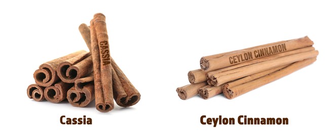 Collage with photos of cassia and ceylon cinnamon sticks on white background. Banner design