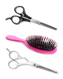 Image of Set of different professional hairdresser scissors and brush on white background 