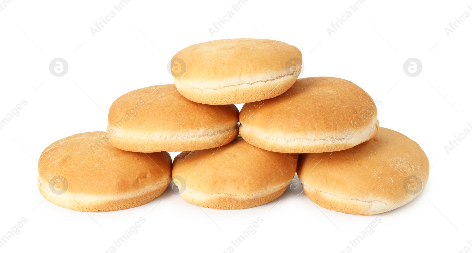 Photo of Many fresh burger buns isolated on white