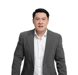 Photo of Angry businessman in suit posing on white background