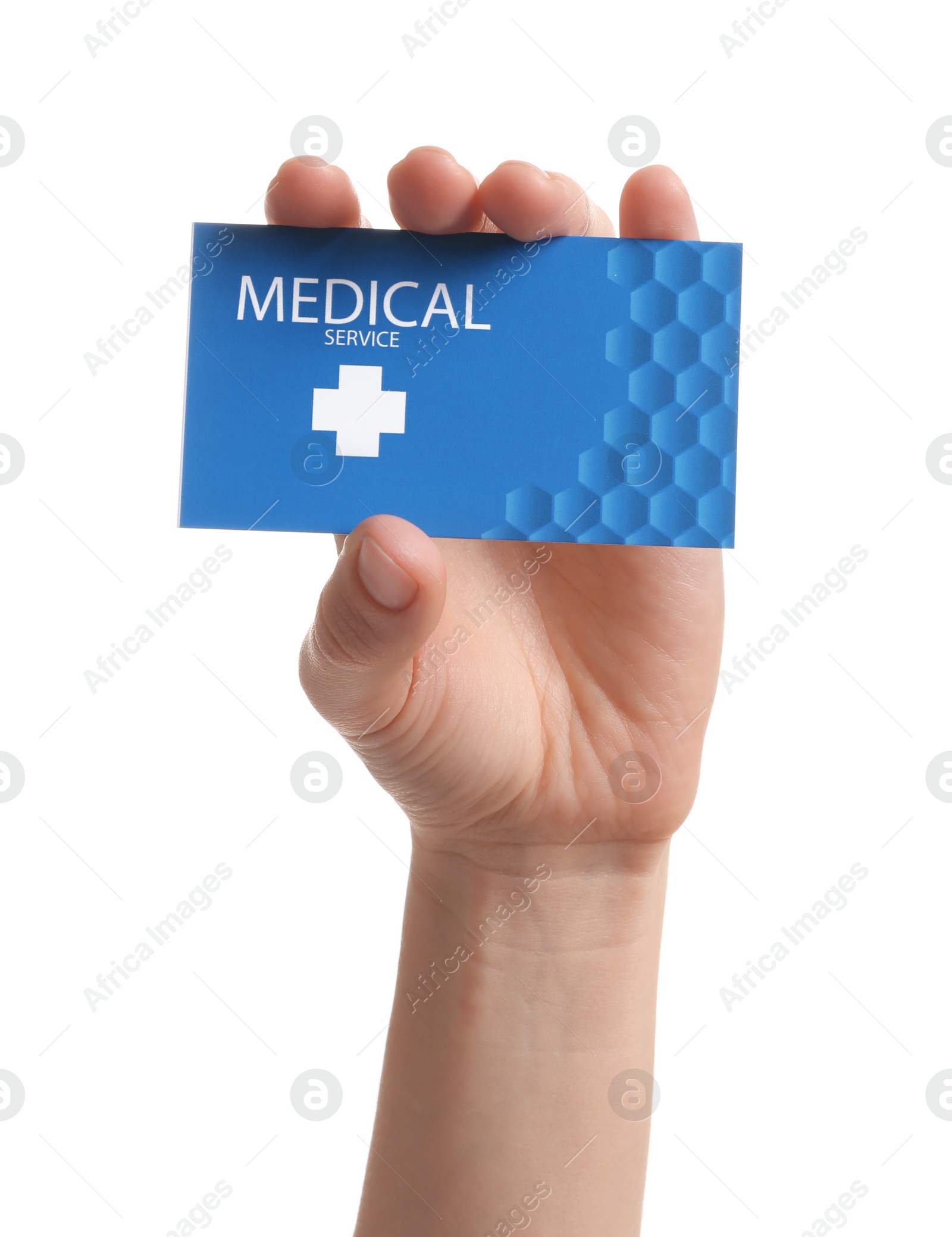 Photo of Woman holding business card isolated on white, closeup. Medical service