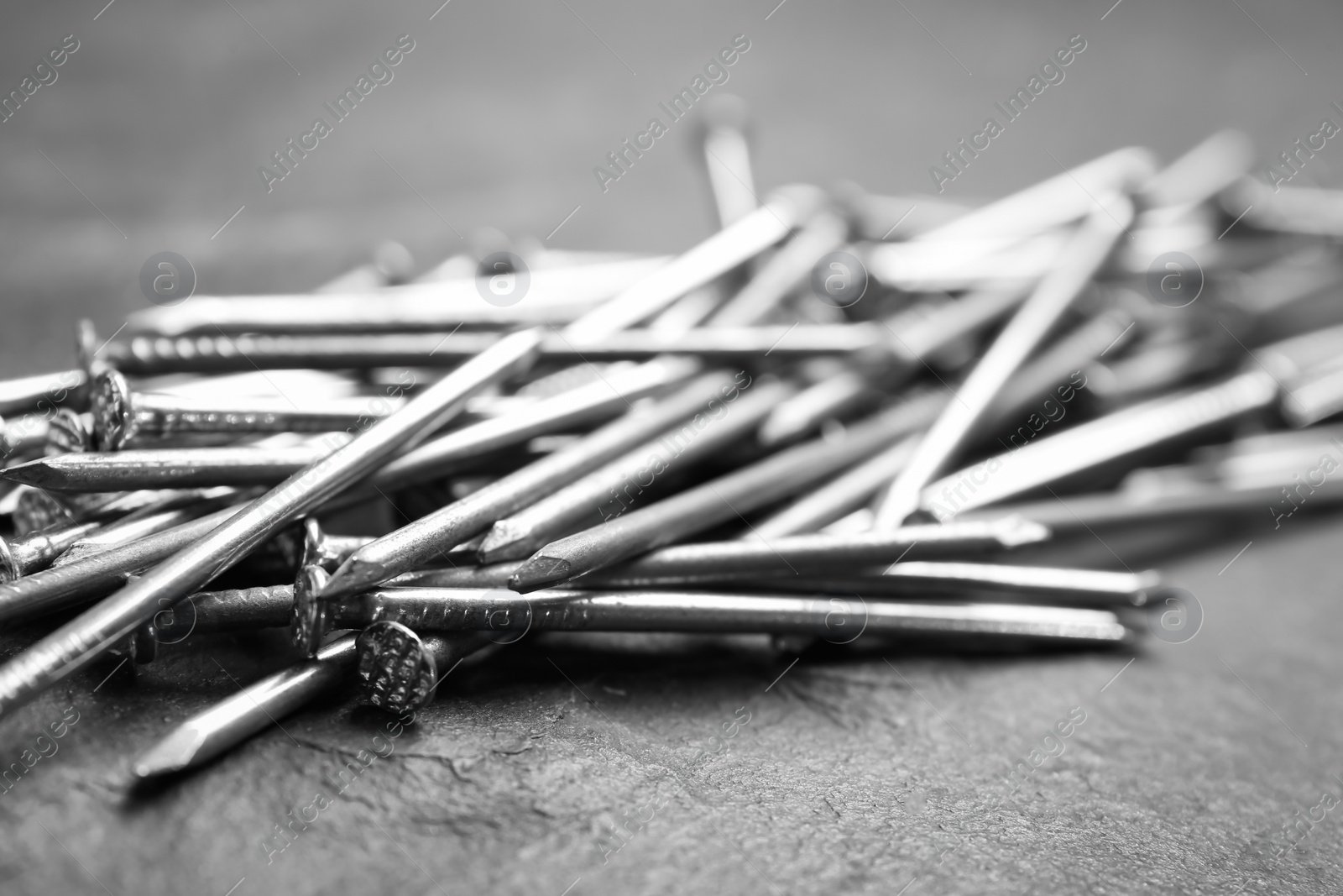 Photo of Many metal nails on grey background, closeup