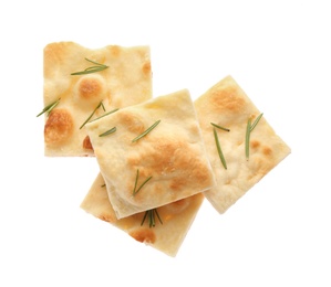 Photo of Slices of delicious focaccia bread on white background, top view