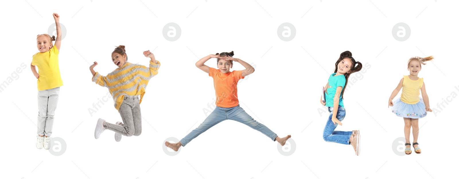 Image of Different kids jumping on white background, collage with photos