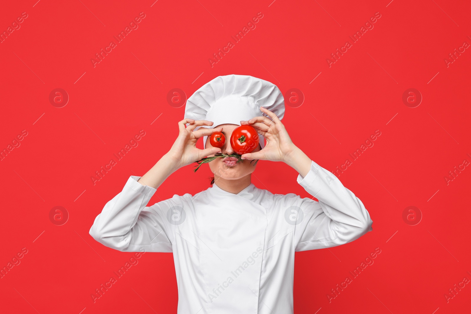 Photo of Professional chef with fresh rosemary and tomatoes having fun on red background