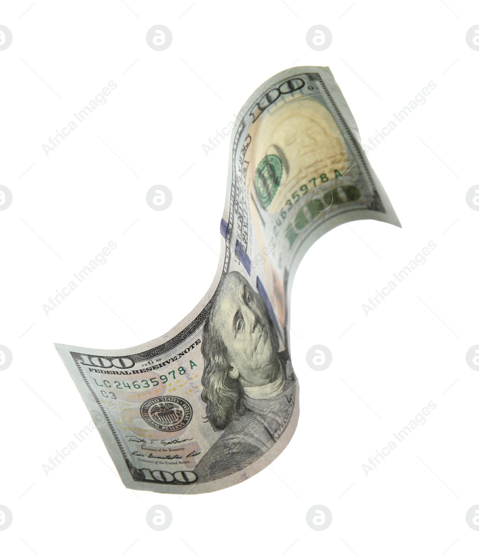 Photo of One hundred dollar banknote on white background. American national currency