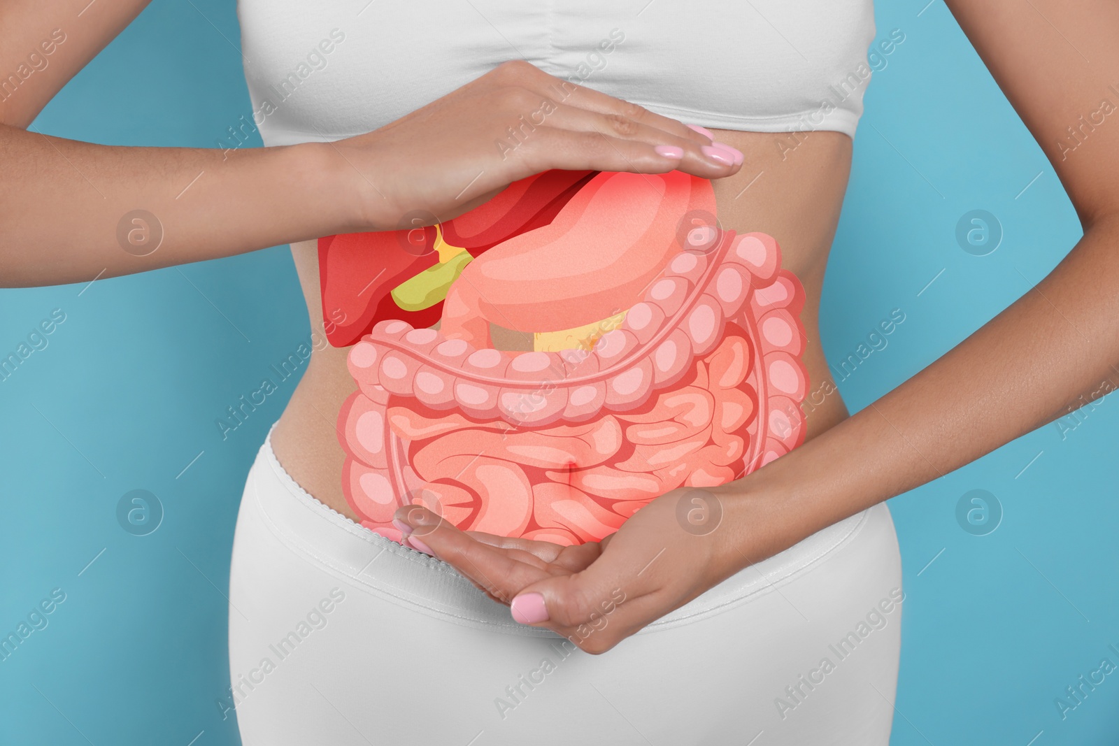 Image of Closeup view of woman with illustration of abdominal organs on her belly against light blue background