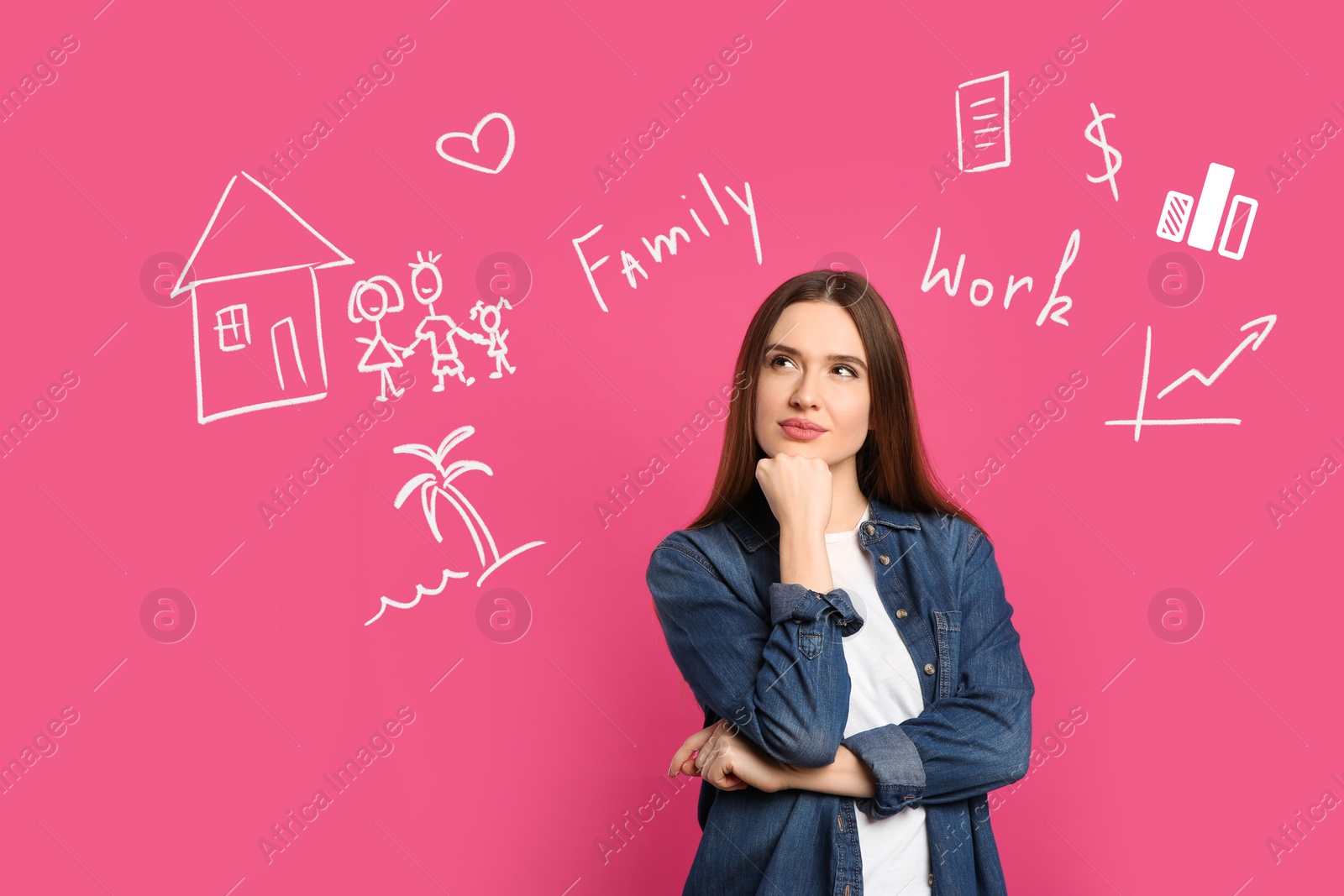 Image of Life balance. Thoughtful woman making choice between family and work