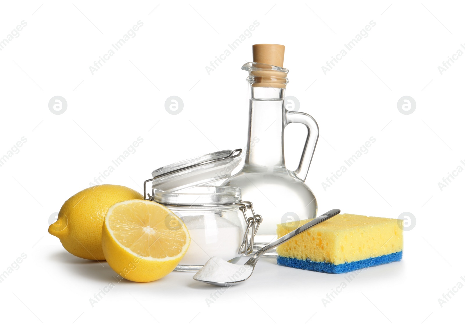 Photo of Composition with vinegar, lemons and baking soda on white background. House cleaning