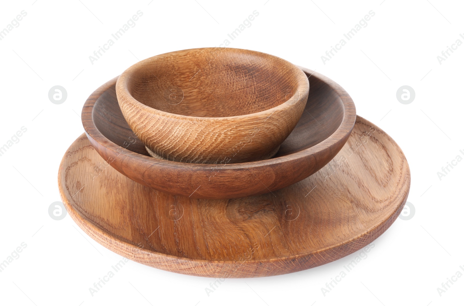 Photo of Empty clean wooden dishware isolated on white