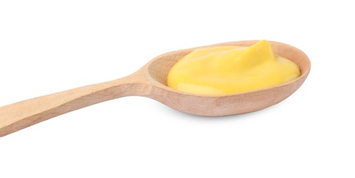 Photo of Delicious mustard in wooden spoon isolated on white, closeup