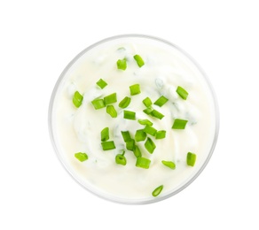 Photo of Bowl with sour cream and herbs on white background, top view