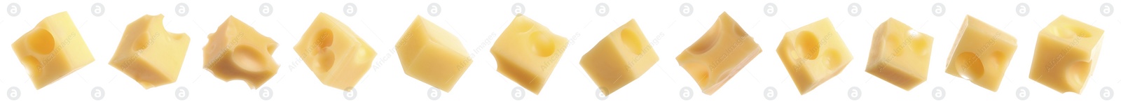 Image of Set of delicious cheese cubes on white background. Banner design