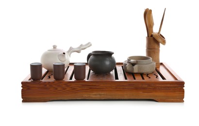 Photo of Beautiful set for traditional tea ceremony on white background