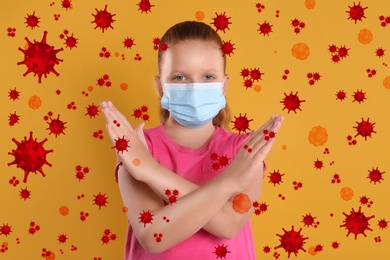 Image of Stronger immunity - better disease resistance. Little girl in mask showing stop gesture surrounded by viruses on orange background