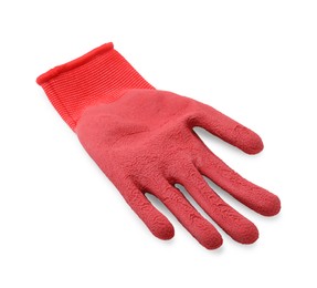 Photo of One red gardening glove isolated on white