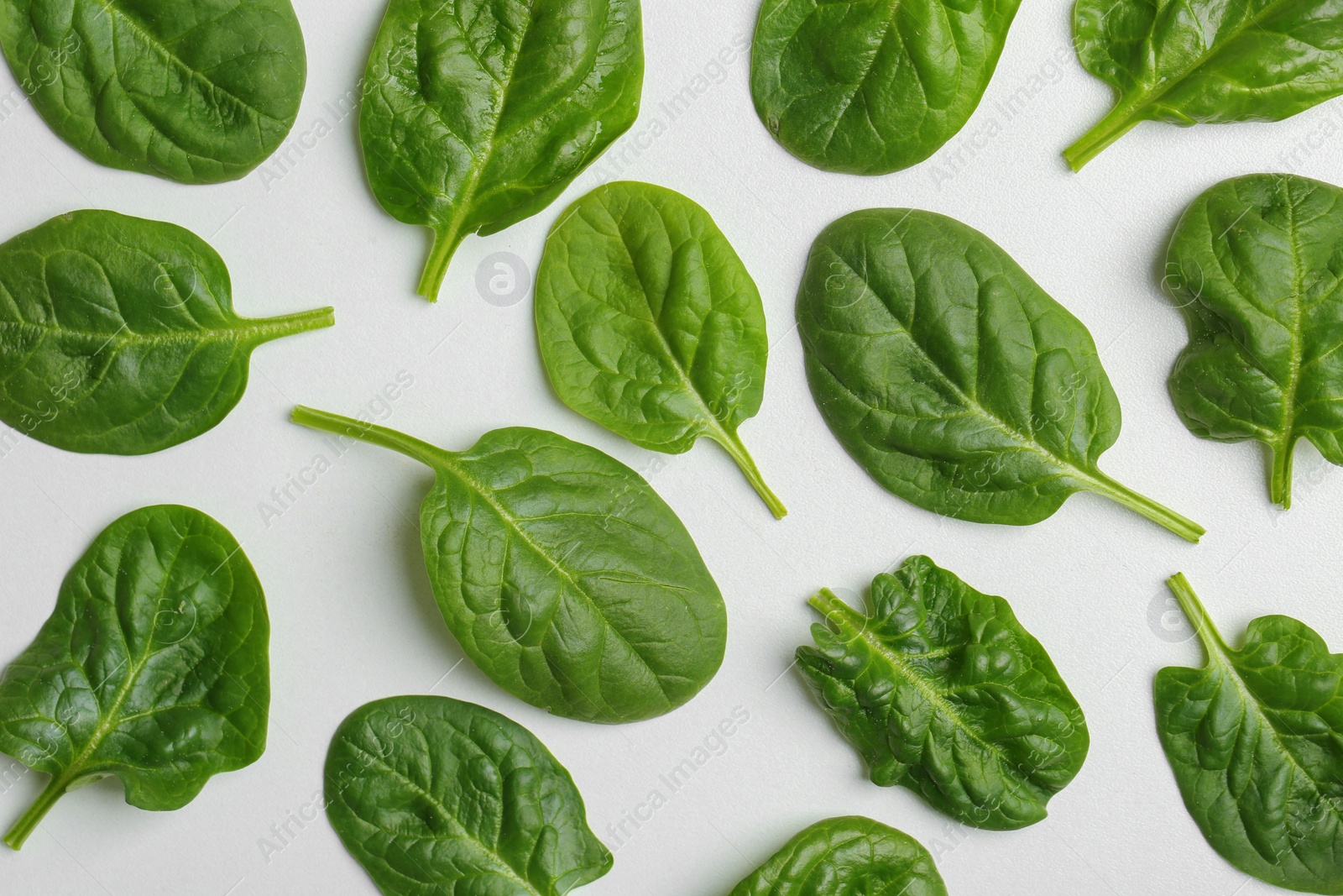 Photo of Fresh leaves of spinach isolated on white, top view