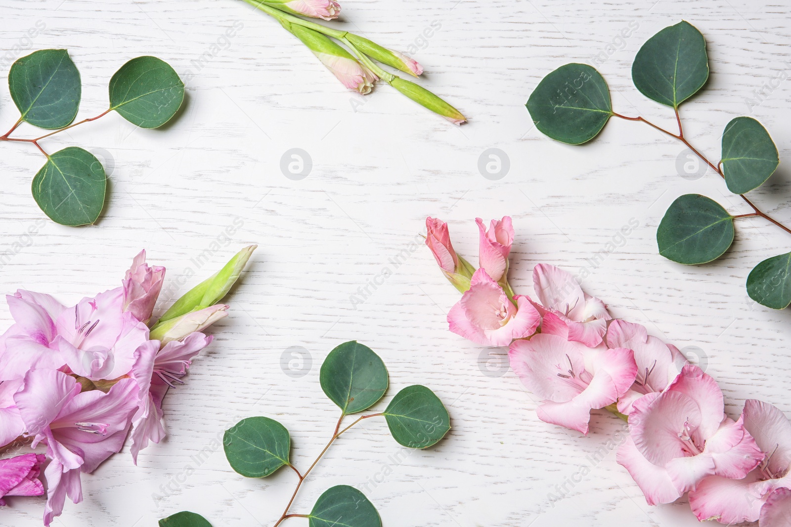 Photo of Flat lay composition with beautiful gladiolus flowers and leaves on wooden background