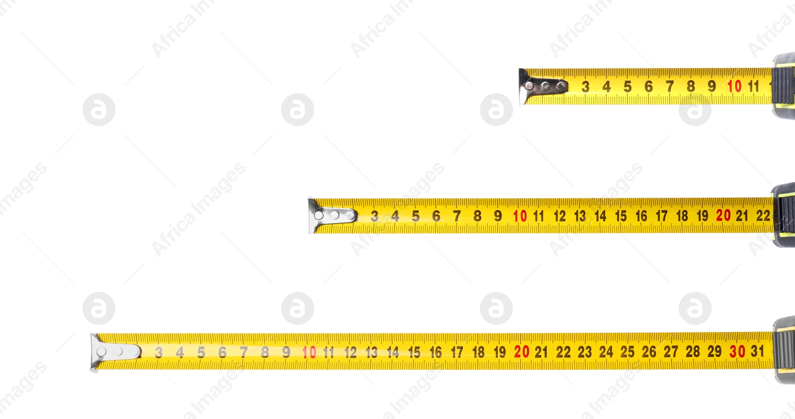 Image of Set with measuring tapes on white background, banner design