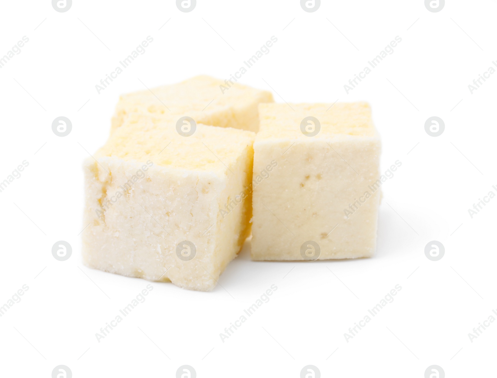 Photo of Delicious sweet puffy marshmallows on white background