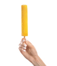 Photo of Woman holding yummy ice cream on white background. Focus on hand