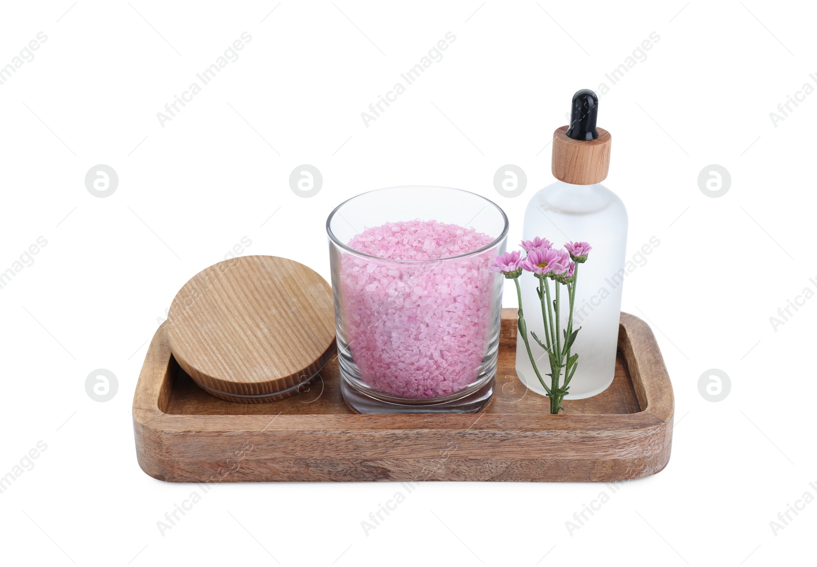 Photo of Glass container of pink sea salt, bottle with essential oil and beautiful chrysanthemum flowers isolated on white
