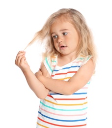 Photo of Portrait of cute little girl on white background