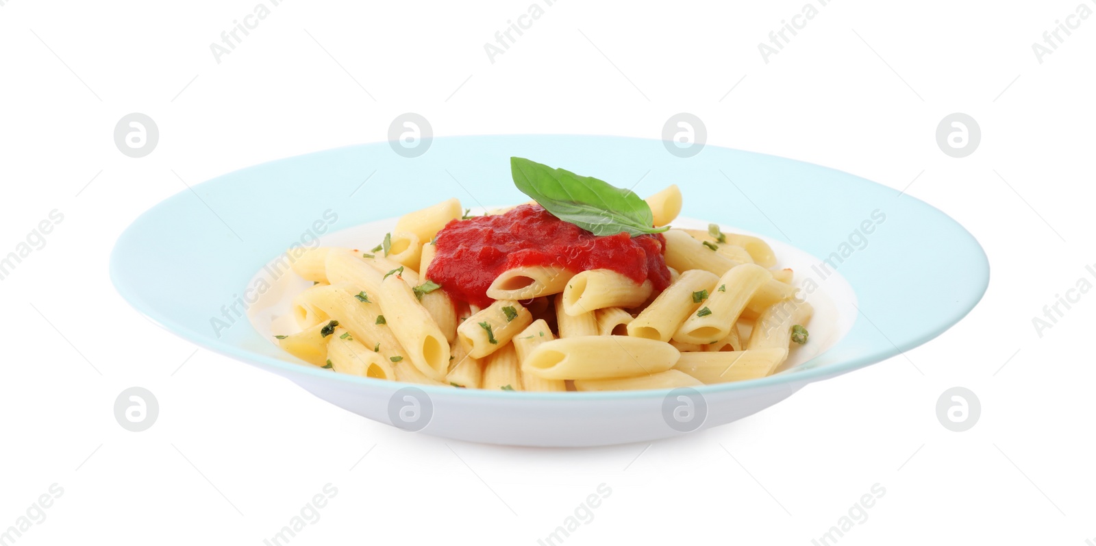 Photo of Tasty pasta with tomato sauce and basil isolated on white