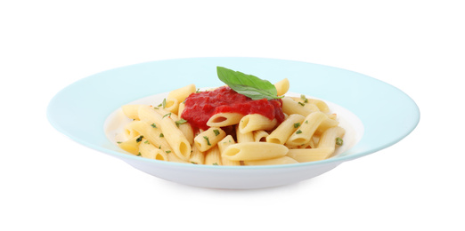 Photo of Tasty pasta with tomato sauce and basil isolated on white