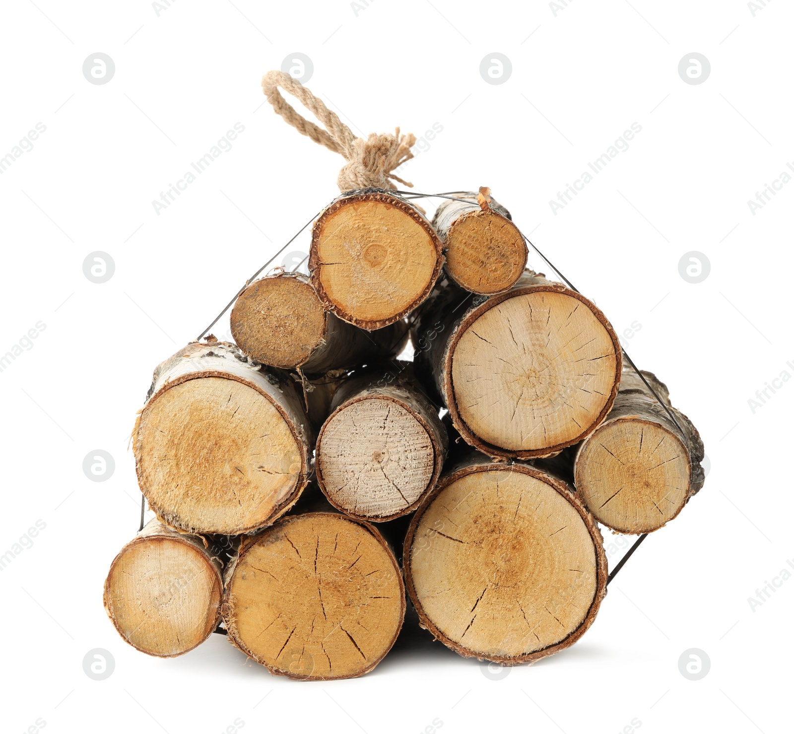 Photo of Bunch of cut firewood isolated on white