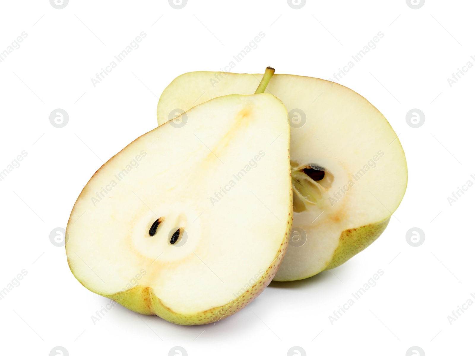 Photo of Halves of ripe juicy pears isolated on white