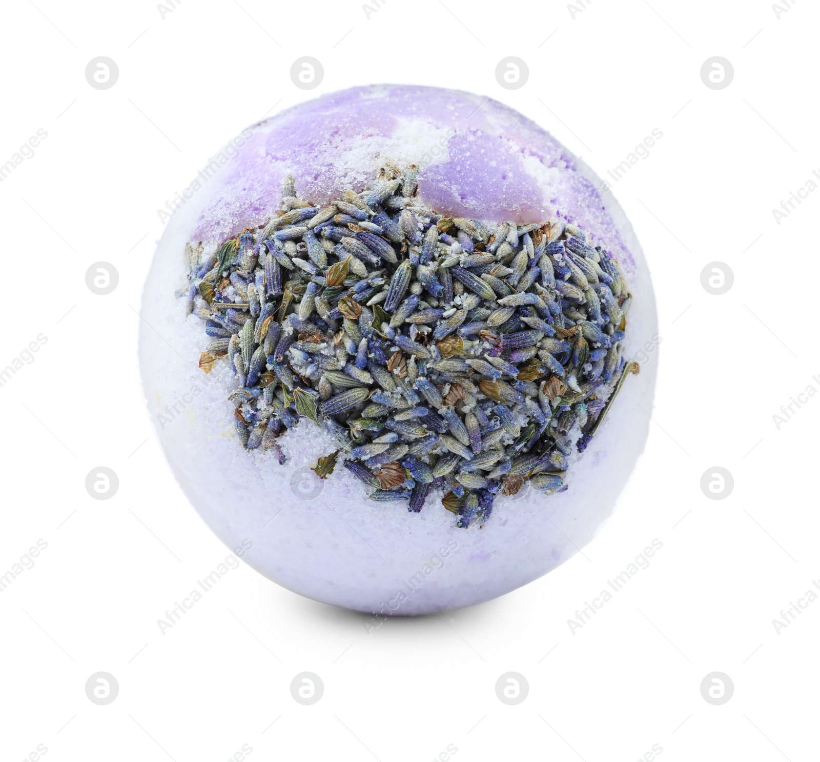 Photo of Bright bath bomb with dried lavender isolated on white