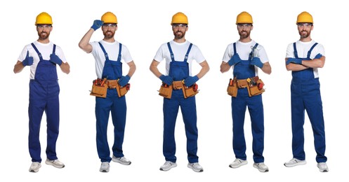 Image of Photos of builder with construction tools on white background, collage design
