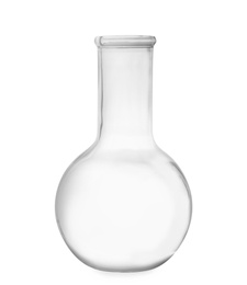 Photo of Empty florence flask isolated on white. Laboratory glassware
