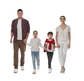 Children with their parents together on white background