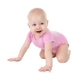 Photo of Cute little baby crawling on white background