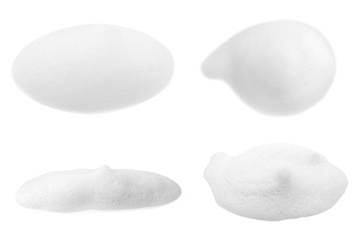 Image of Collage with foam of cosmetic cleanser isolated on white