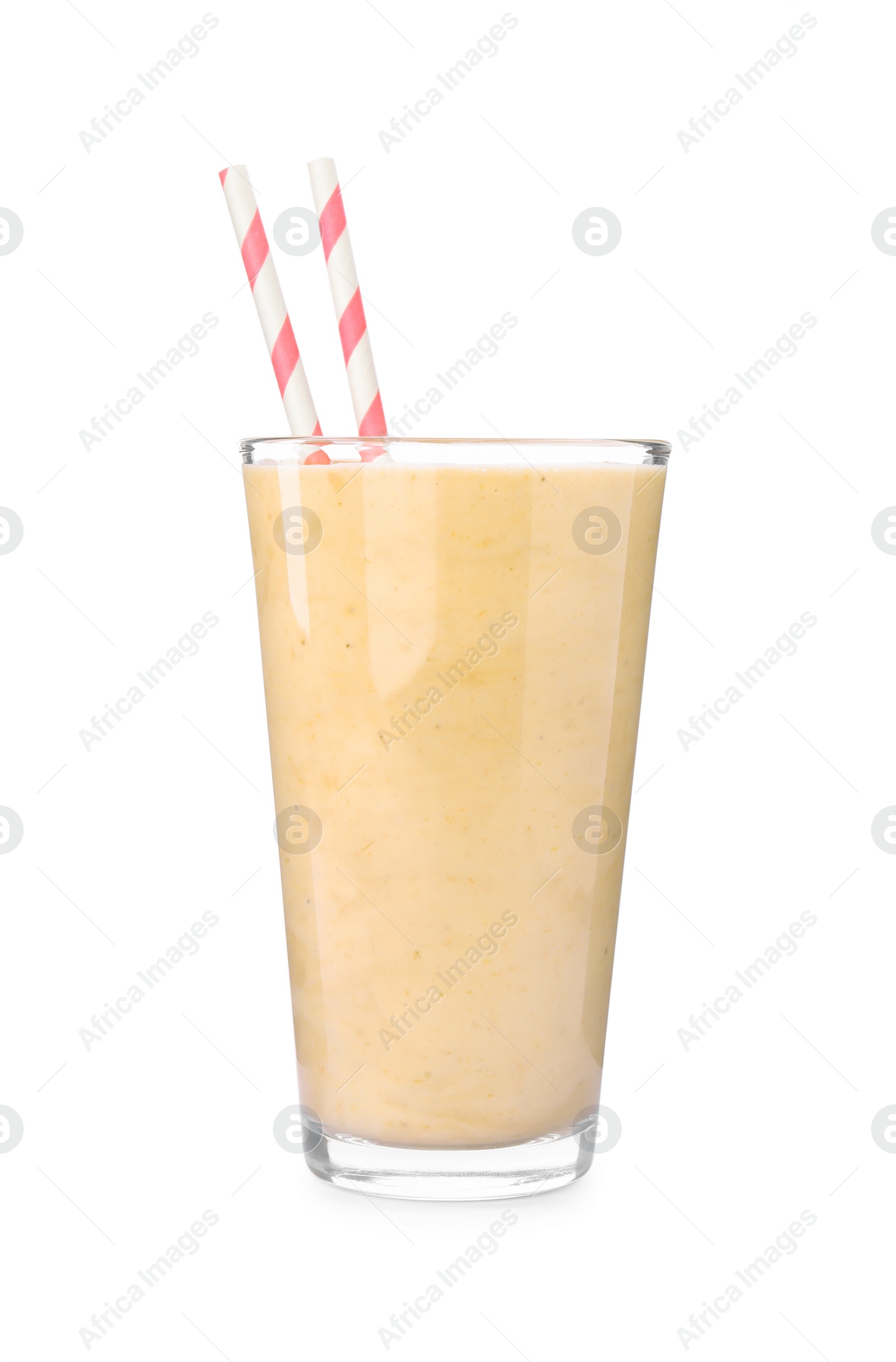 Photo of Glass of tasty banana smoothie with straws isolated on white