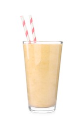 Photo of Glass of tasty banana smoothie with straws isolated on white