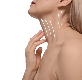 Woman with perfect skin after cosmetic treatment on white background, closeup. Lifting arrows on her neck