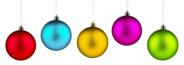 Image of Bright Christmas ball hanging on white background, collection