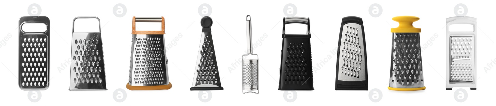 Image of Set with different graters on white background. Banner design