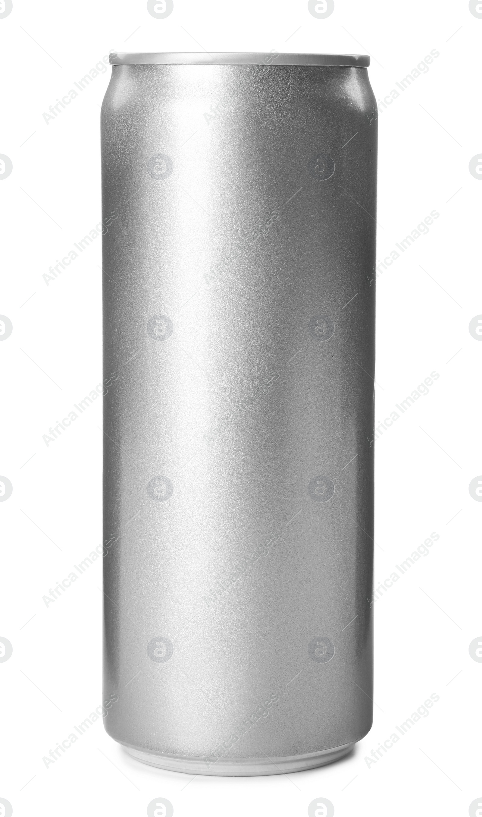 Photo of Empty aluminum can with beverage on white background. Mockup for design