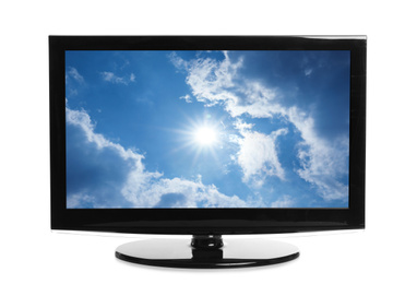 Image of Modern plasma TV with skyscape on screen against white background