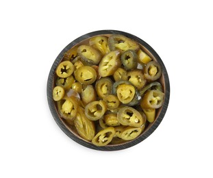 Photo of Wooden plate with slices of pickled green jalapenos isolated on white, top view