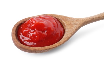 Photo of Spoon with tasty ketchup isolated on white. Tomato sauce